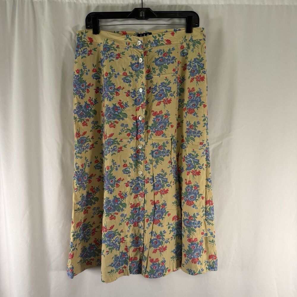 Gap Midi Skirt Women's 14 32" Yellow Floral Button Front Pockets Lightweight